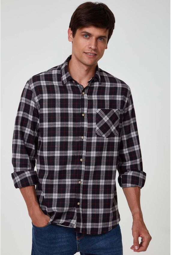 Camisa Flanela Bolso - I23-Preto/Branco/Vermelho