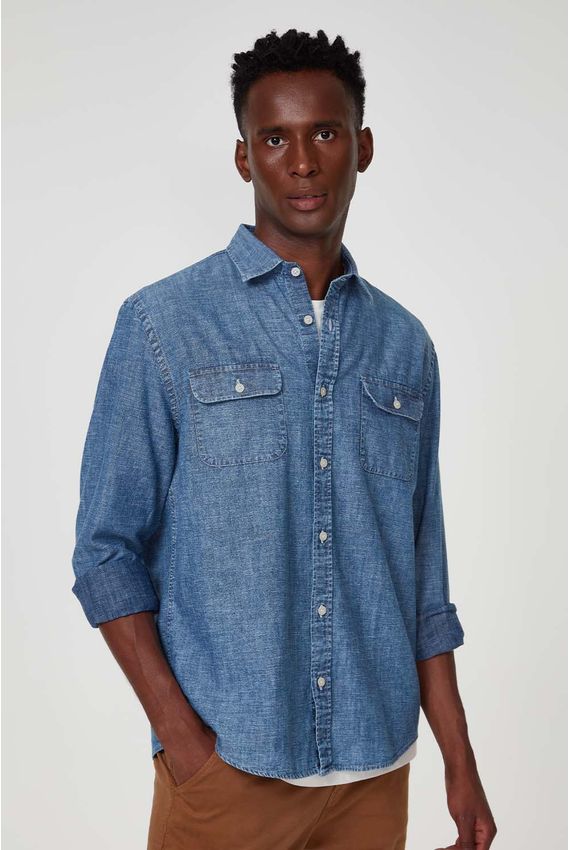 Camisa Jeans Bolsos - I23-Azul