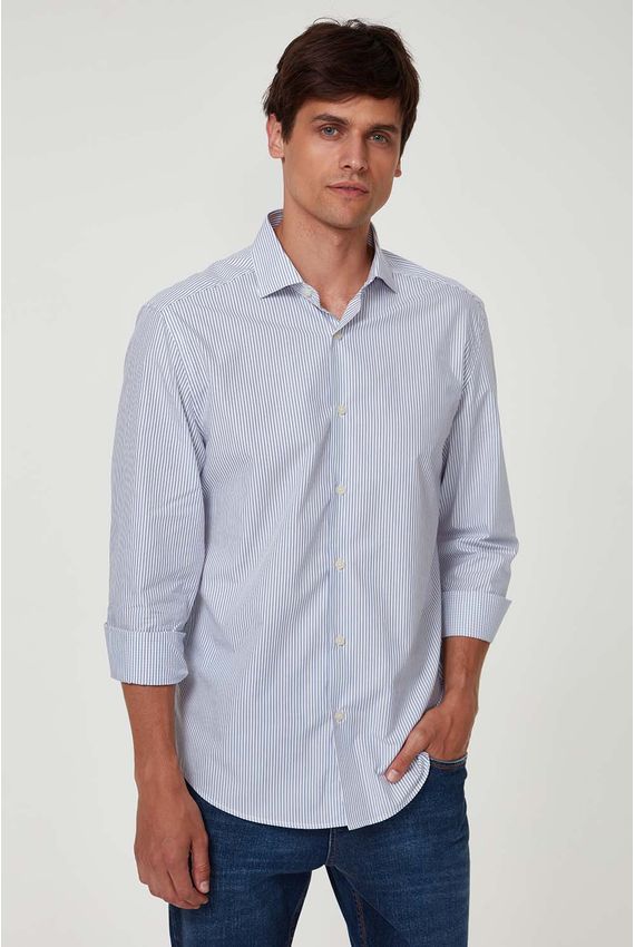 Camisa Tricoline Listras - I23-Azul C/Branco