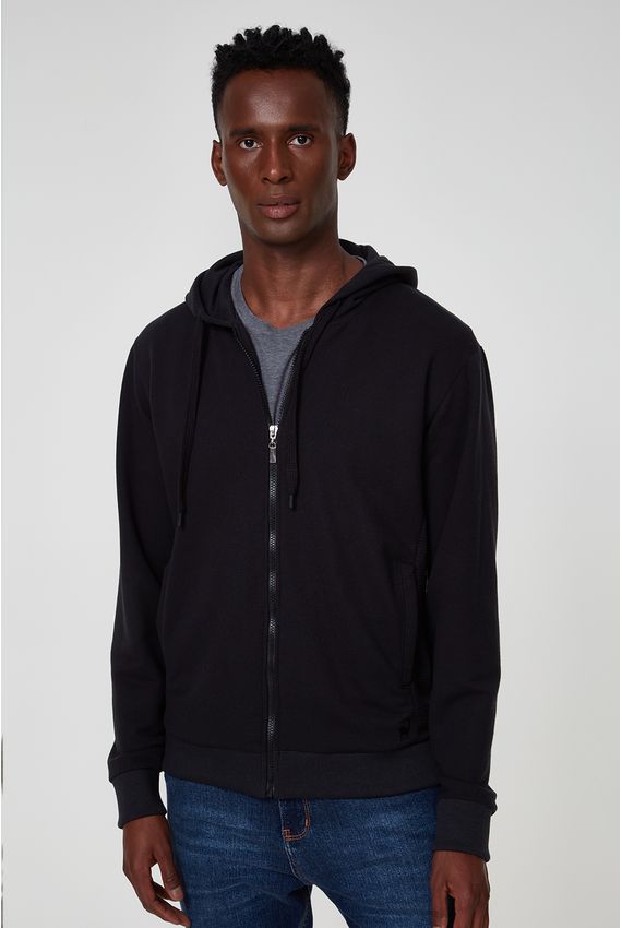 Moletom Recortes Capuz Full Zip - I23-Preto