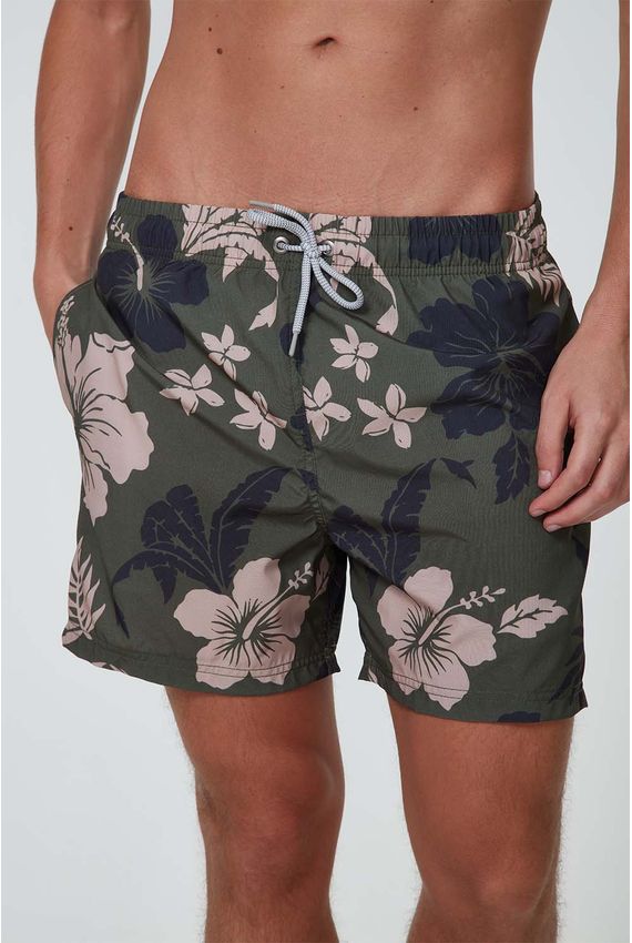Shorts Floral Hibiscus -I23-Verde Oliva
