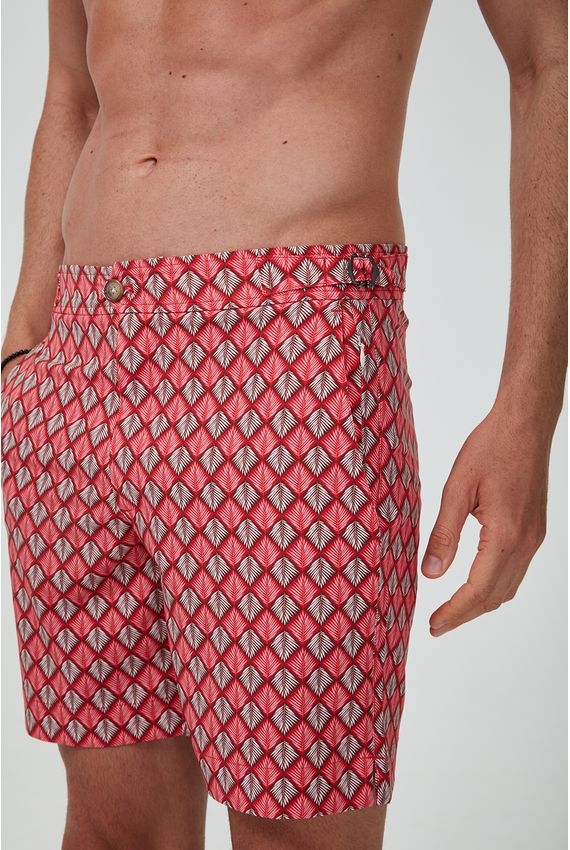 Shorts Agua Buzios Geo Folhas - V24-Bordeaux C/Laranja