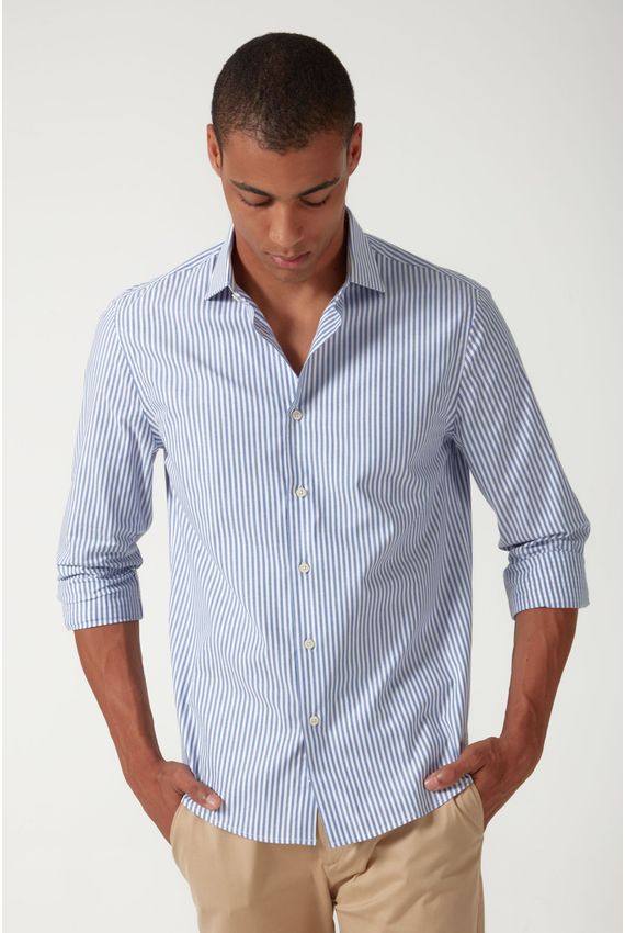Camisa Tricoline Strech Listras - I24 - Azul C/Branco