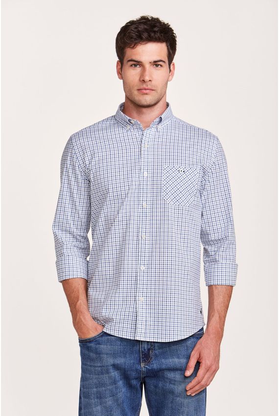 Camisa Tricoline Quadros Azul e Branca