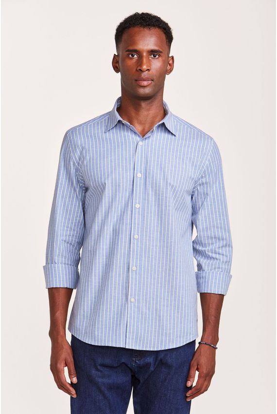 Camisa Tricoline Listras Azul e Branca