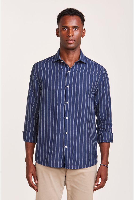Camisa Linho Mare Listras Azul Marinho e Branca
