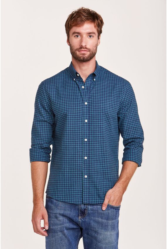 Camisa Voil Vichy Xadrez Azul Marinho e Verde