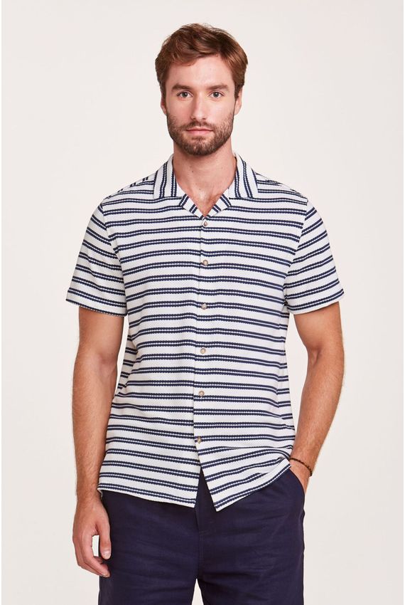 Camisa Listras Off White e Azul Marinho