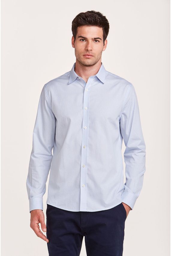 Camisa Tricoline Listras Azul e Branca