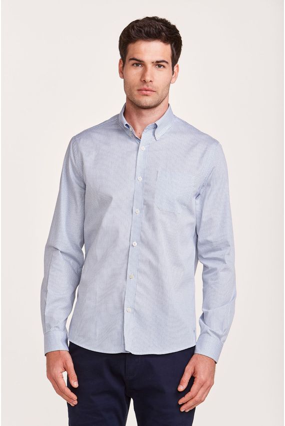 Camisa Tricoline Quadros Azul e Branca