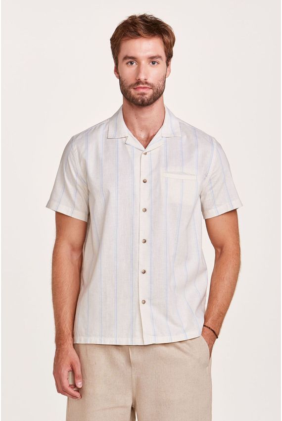 Camisa Rústica Listras Off White e Azul