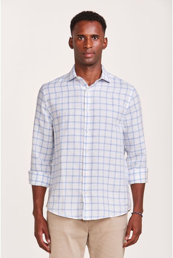 Camisa Linho Mare Quadros Branca e Azul