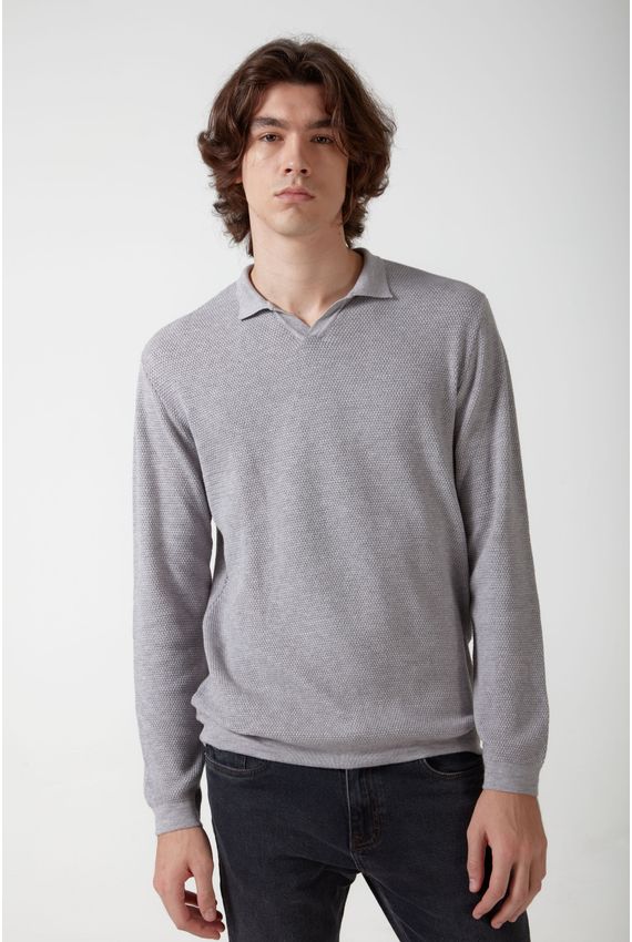 Tricot Polo Ml Colmeia - I24 - Cinza Mescla