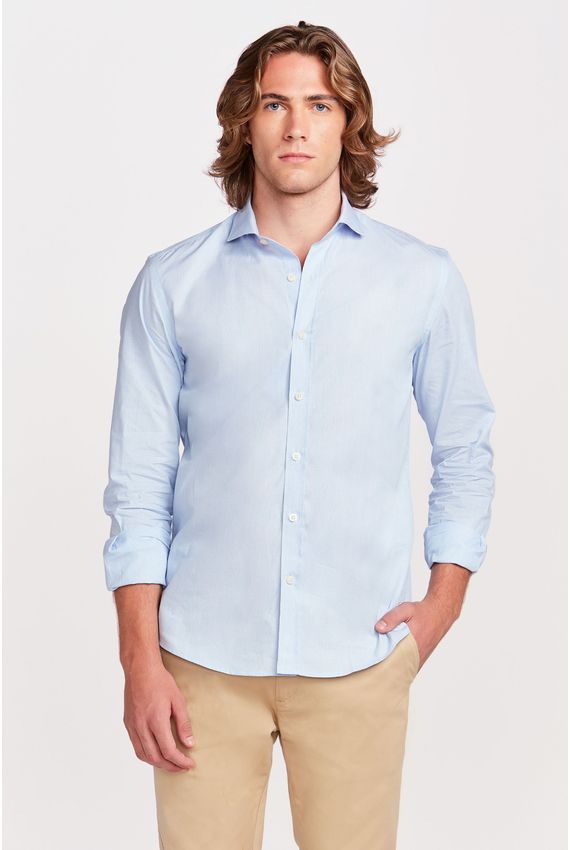 Camisa Tricoline Listras Branca e Azul