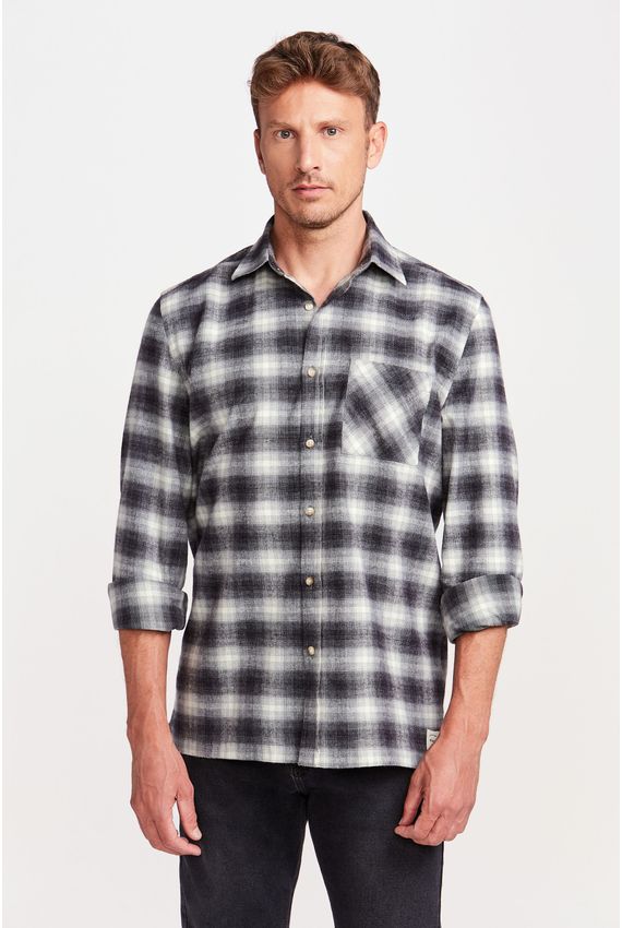 Camisa Flanela Xadrez Bolsos Preta e Cinza