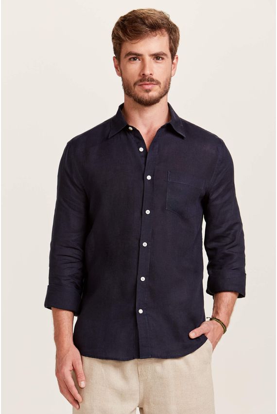 Camisa Puro Linho Bolso Marinho
