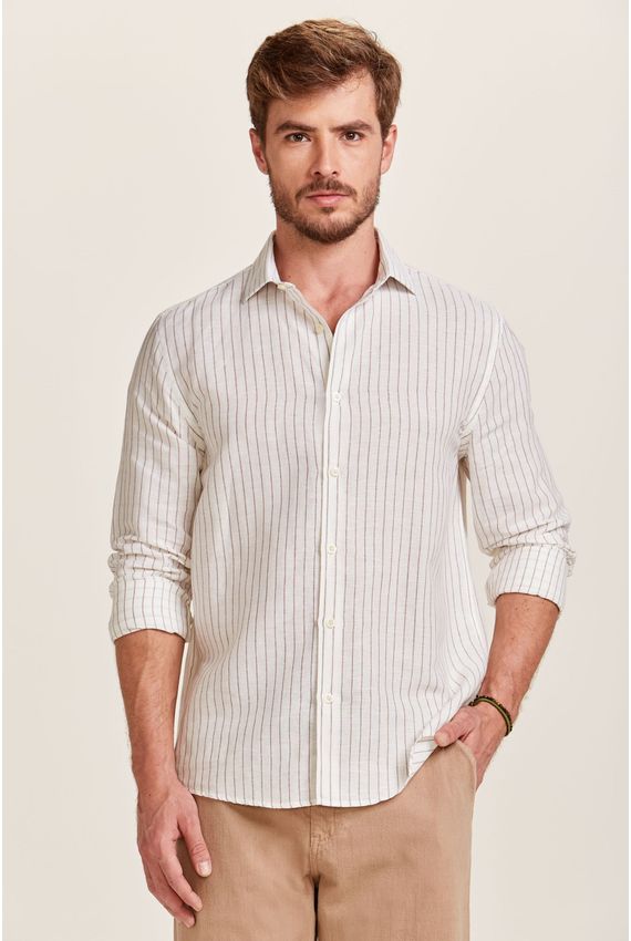 Camisa Linho Listras Off White e Marrom