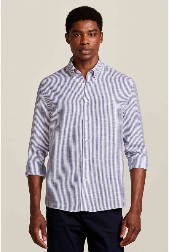 Camisa Masculina Linho Bd Listras Azul e Branco
